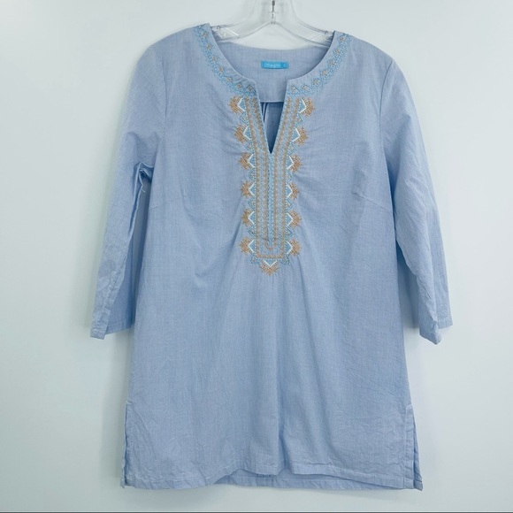 J. McLaughlin floral embroidered v neck grid check micro plaid tunic - Picture 1 of 10